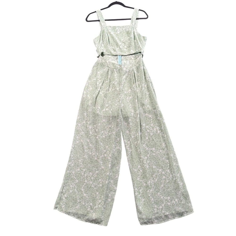 Y2K Floral Jumpsuit Green Cottagecore Cutout Wide Leg Romper‎ S